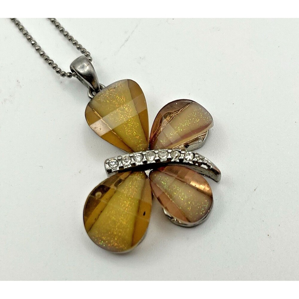 Dragonfly Pendant With Gemstones  Silver Tone 16" + 3" Extend Ambar-like Stone